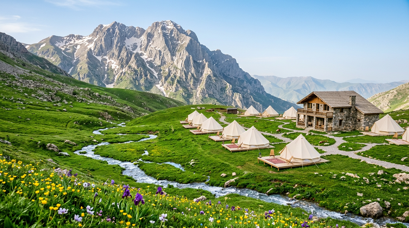 Risha in Spring — Meltwater, full waterfalls, green slopes