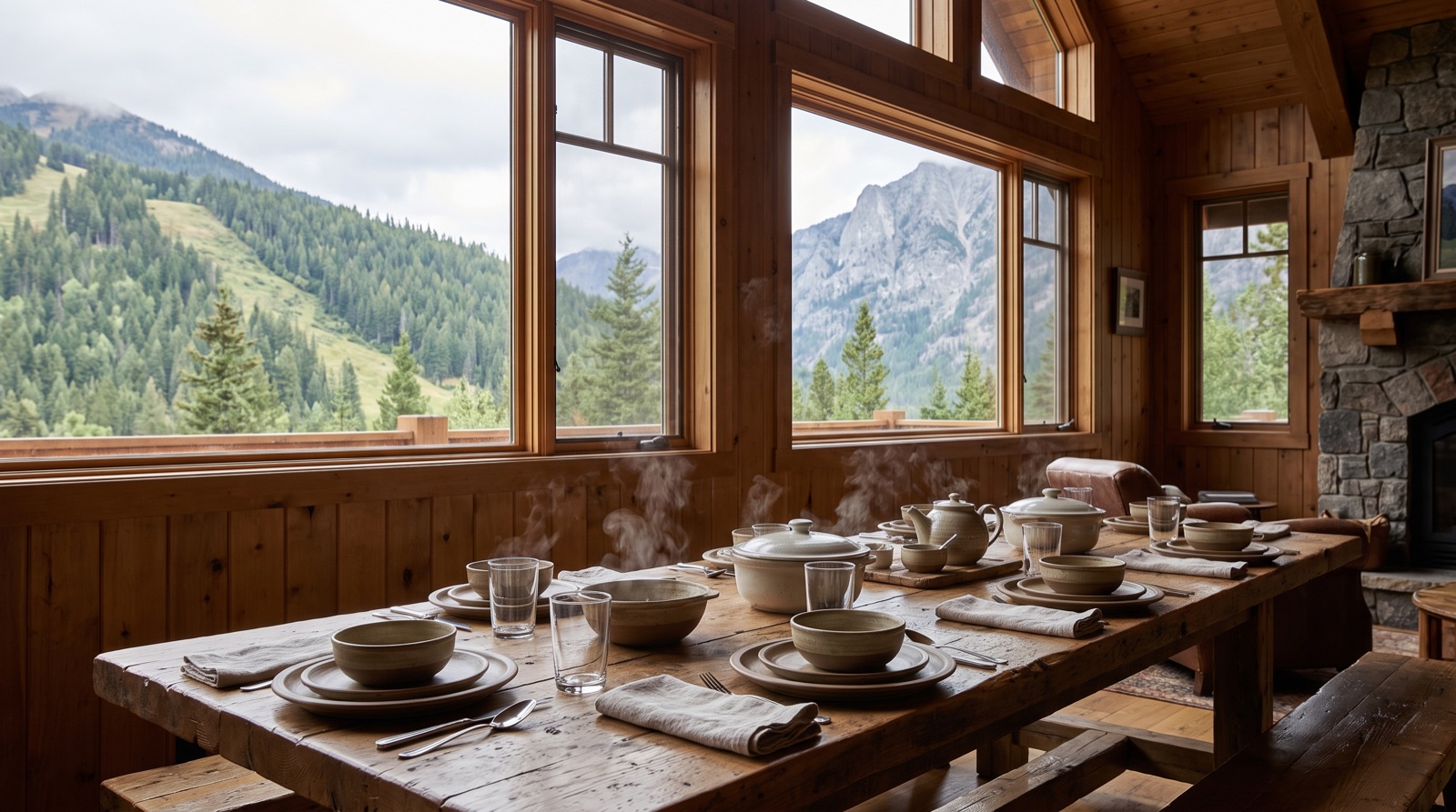 The restaurant at Risha, the table set against the mountain