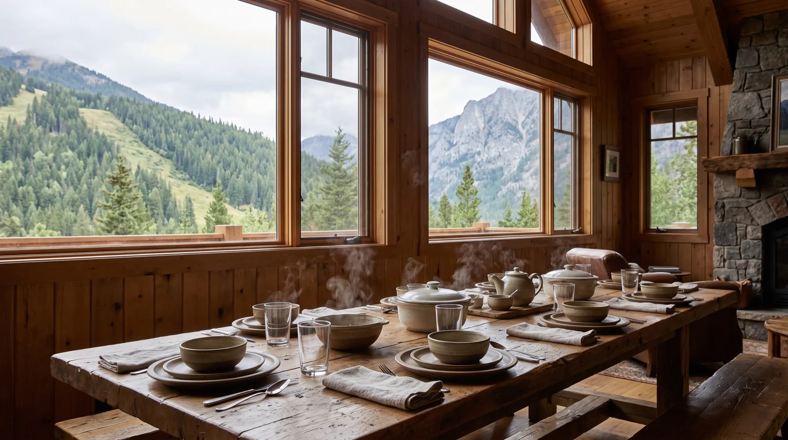 The restaurant at Risha, the table set against the mountain