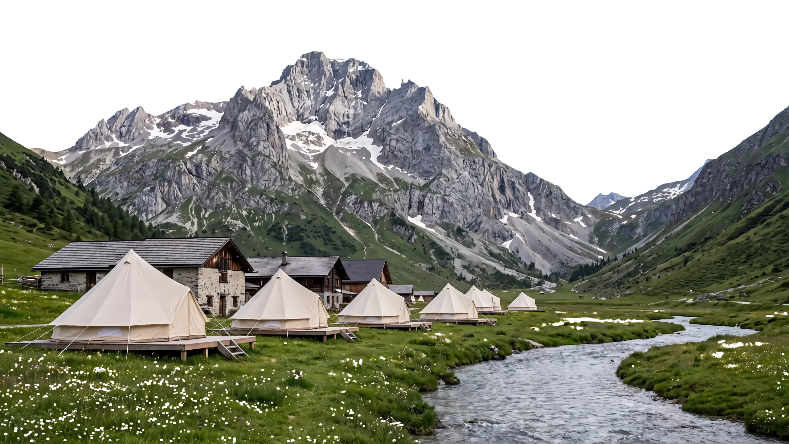 The Risha meadow below Przhé — tents on timber decks, stone villas, the river, snow still on the peak