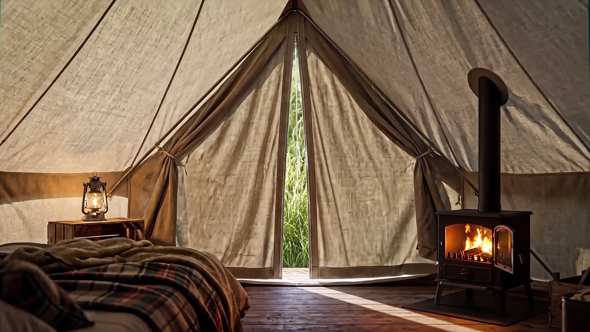 Inside a tent at Risha, the stove lit and the door flaps parted on the meadow