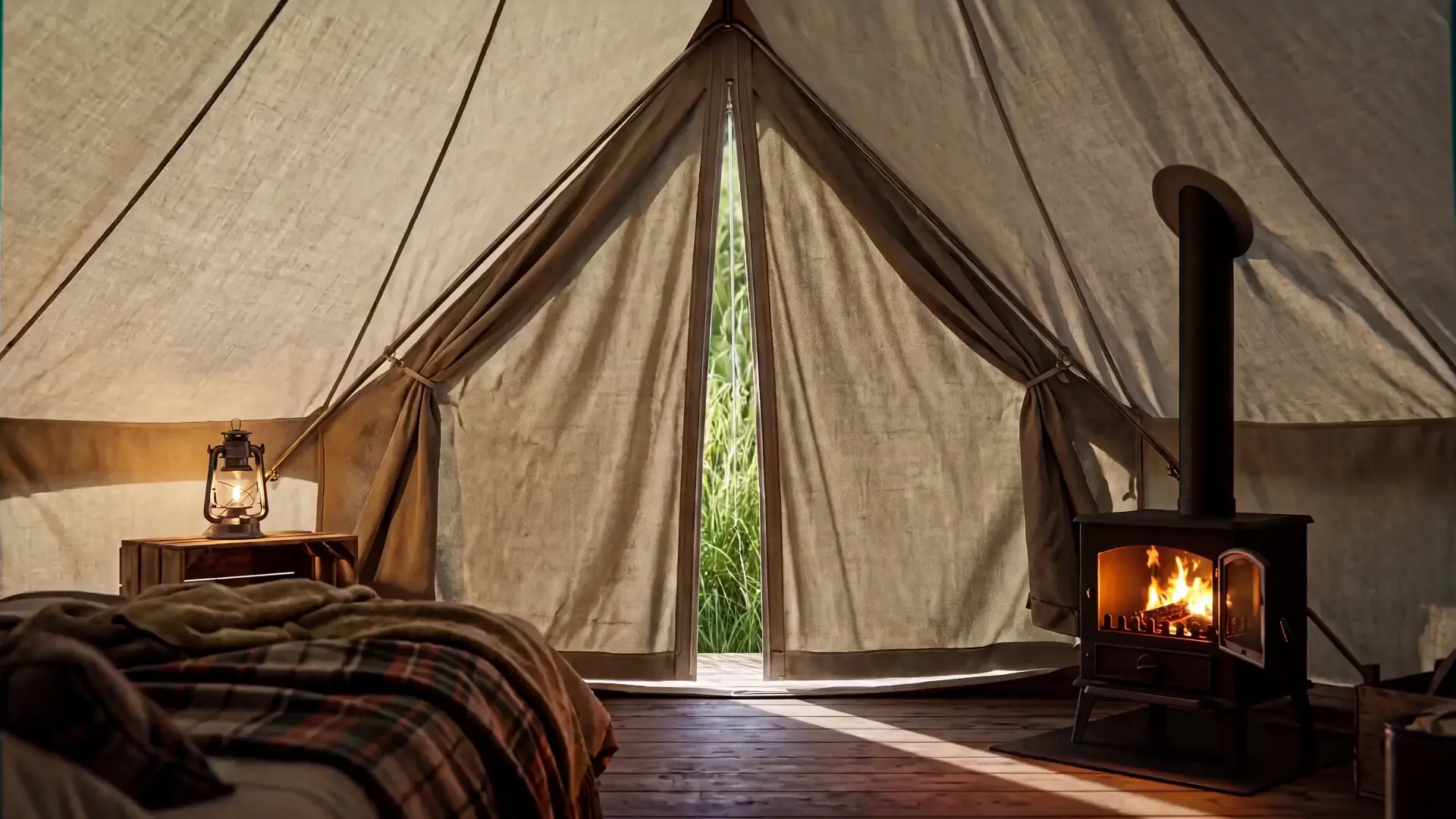 Inside a canvas tent at Risha: the wood stove lit, a lantern on the crate and the door flaps parted on the meadow