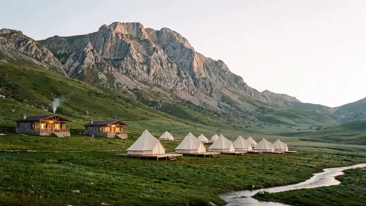 Tents and stone villas beside the river on the Risha meadow